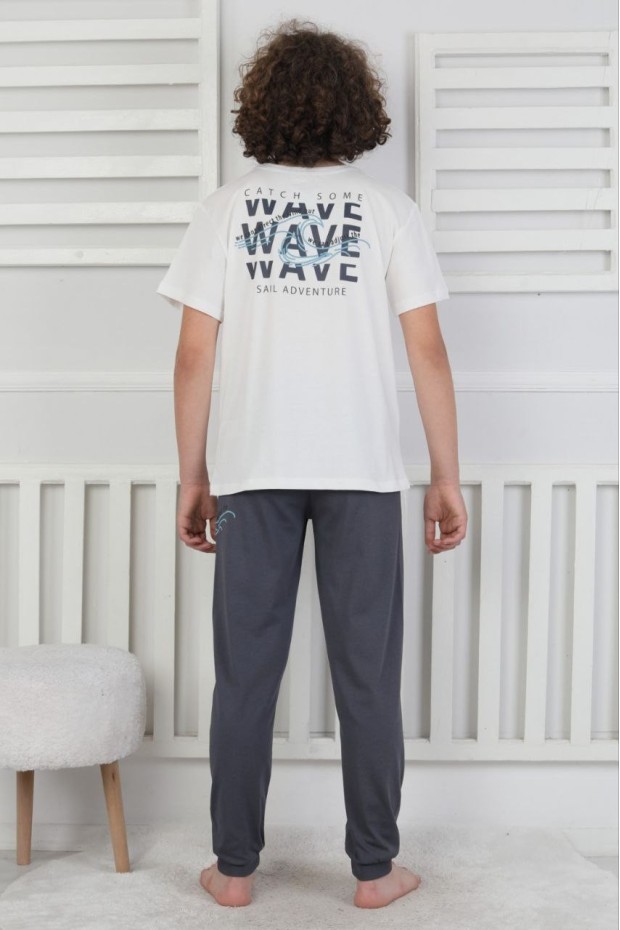 Garson Erkek Çocuk Dalga Desen Arka Baskılı %100 Pamuk Reaktif Boyama Süprem Pijama Takımı
