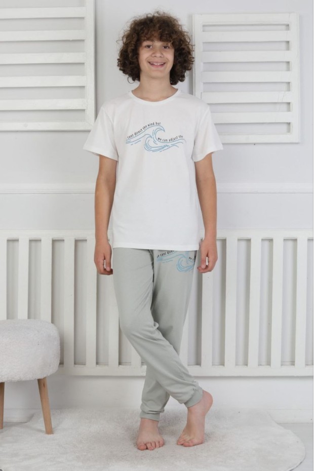 Garson Erkek Çocuk Dalga Desen Arka Baskılı %100 Pamuk Reaktif Boyama Süprem Pijama Takımı