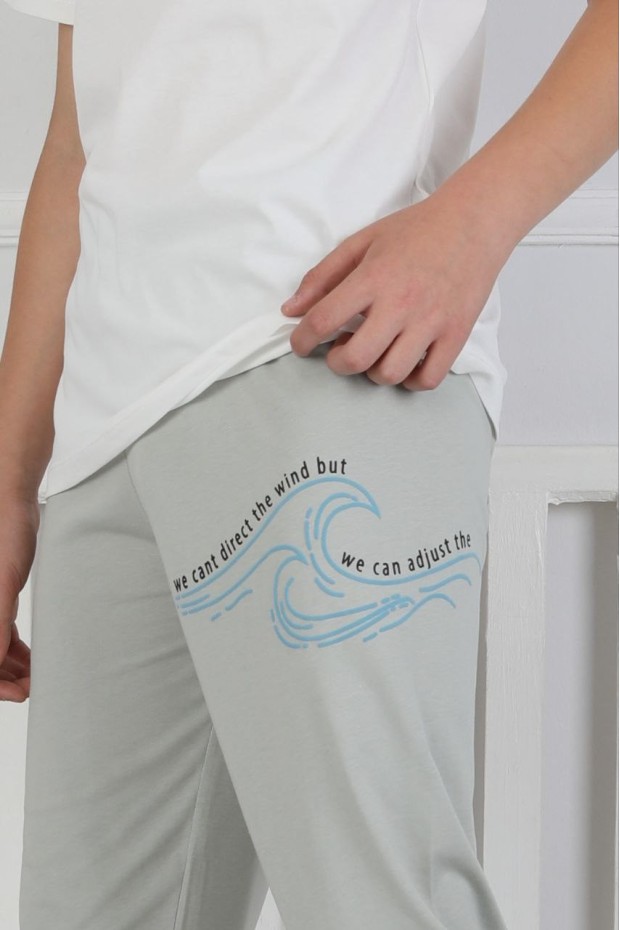 Garson Erkek Çocuk Dalga Desen Arka Baskılı %100 Pamuk Reaktif Boyama Süprem Pijama Takımı