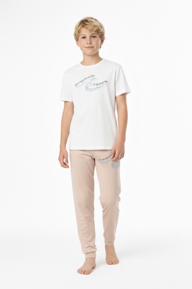 Garson Erkek Çocuk Dalga Desen Arka Baskılı %100 Pamuk Reaktif Boyama Süprem Pijama Takımı