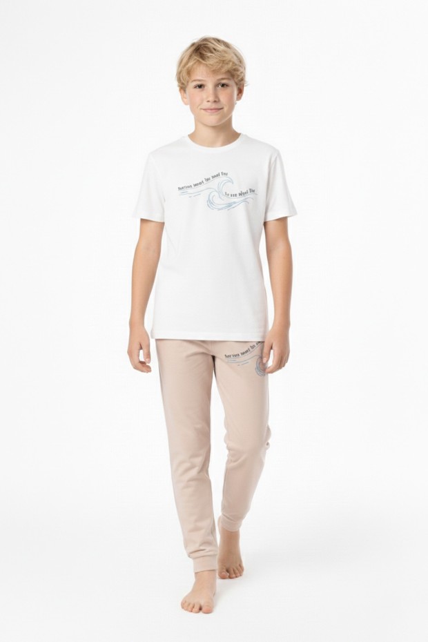 Garson Erkek Çocuk Dalga Desen Arka Baskılı %100 Pamuk Reaktif Boyama Süprem Pijama Takımı