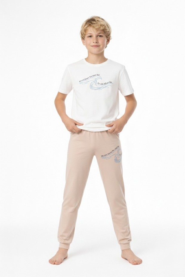 Garson Erkek Çocuk Dalga Desen Arka Baskılı %100 Pamuk Reaktif Boyama Süprem Pijama Takımı