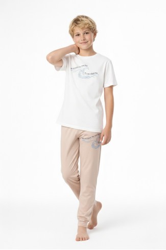 Garson Erkek Çocuk Dalga Desen Arka Baskılı %100 Pamuk Reaktif Boyama Süprem Pijama Takımı