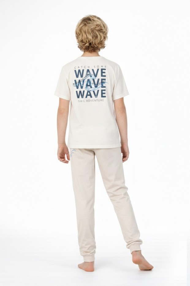 Garson Erkek Çocuk Dalga Desen Arka Baskılı %100 Pamuk Reaktif Boyama Süprem Pijama Takımı