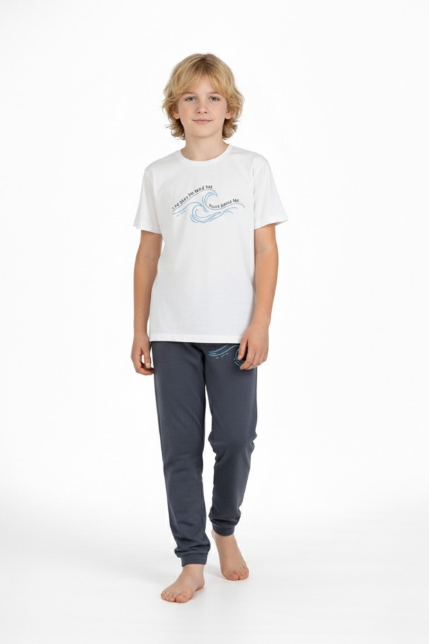 Garson Erkek Çocuk Dalga Desen Arka Baskılı %100 Pamuk Reaktif Boyama Süprem Pijama Takımı