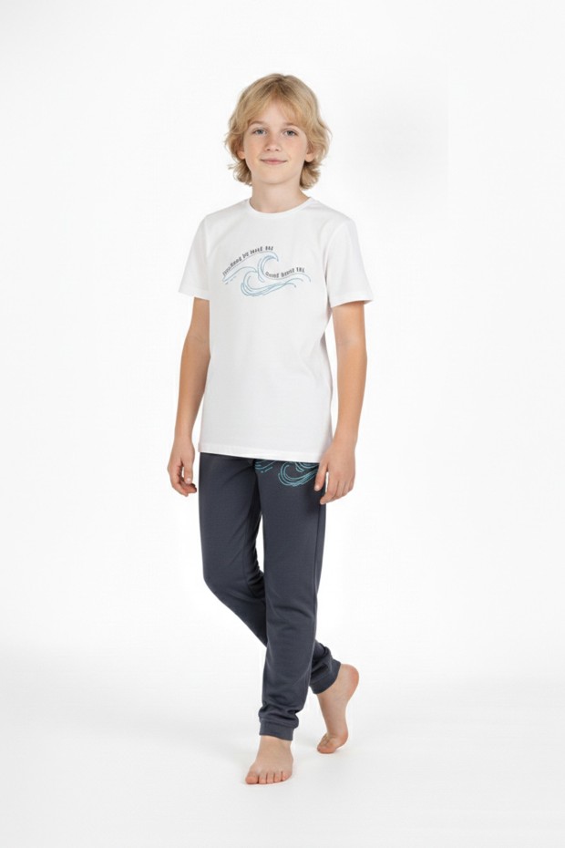 Garson Erkek Çocuk Dalga Desen Arka Baskılı %100 Pamuk Reaktif Boyama Süprem Pijama Takımı