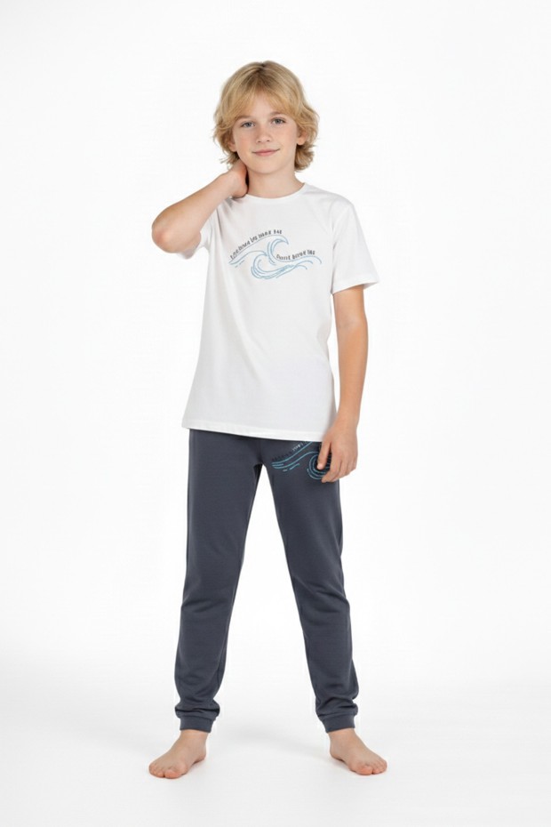 Garson Erkek Çocuk Dalga Desen Arka Baskılı %100 Pamuk Reaktif Boyama Süprem Pijama Takımı