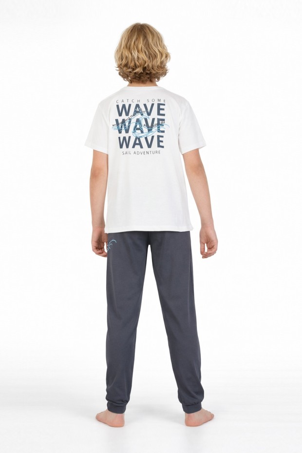 Garson Erkek Çocuk Dalga Desen Arka Baskılı %100 Pamuk Reaktif Boyama Süprem Pijama Takımı