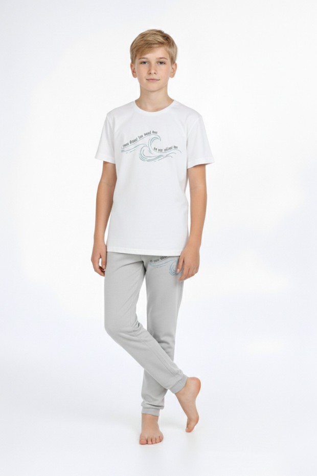 Garson Erkek Çocuk Dalga Desen Arka Baskılı %100 Pamuk Reaktif Boyama Süprem Pijama Takımı