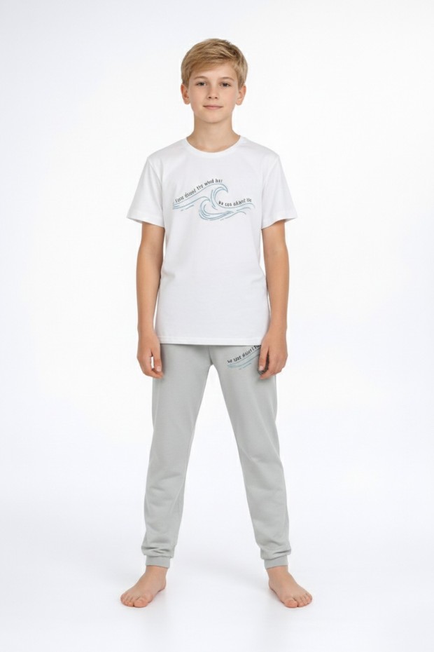 Garson Erkek Çocuk Dalga Desen Arka Baskılı %100 Pamuk Reaktif Boyama Süprem Pijama Takımı