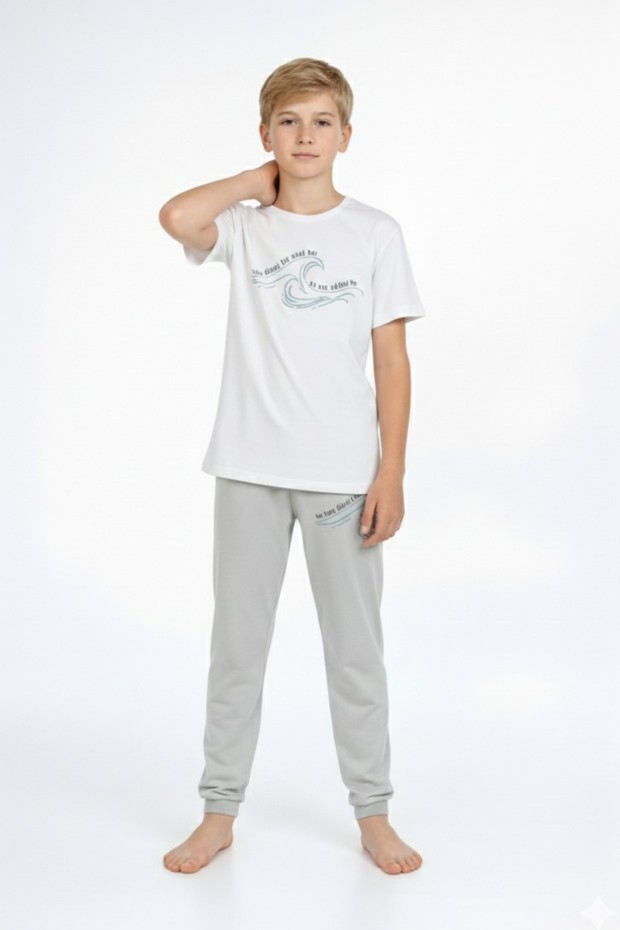 Garson Erkek Çocuk Dalga Desen Arka Baskılı %100 Pamuk Reaktif Boyama Süprem Pijama Takımı