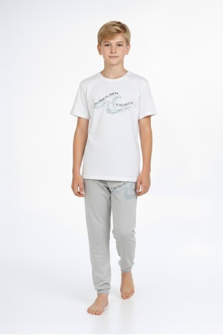 Garson Erkek Çocuk Dalga Desen Arka Baskılı %100 Pamuk Reaktif Boyama Süprem Pijama Takımı
