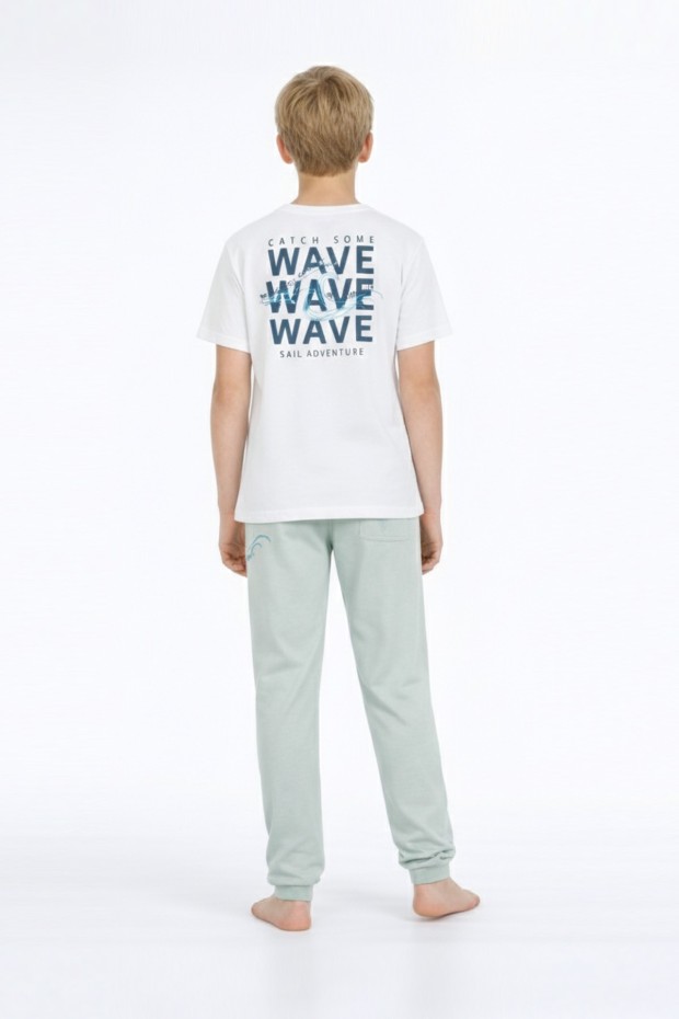 Garson Erkek Çocuk Dalga Desen Arka Baskılı %100 Pamuk Reaktif Boyama Süprem Pijama Takımı