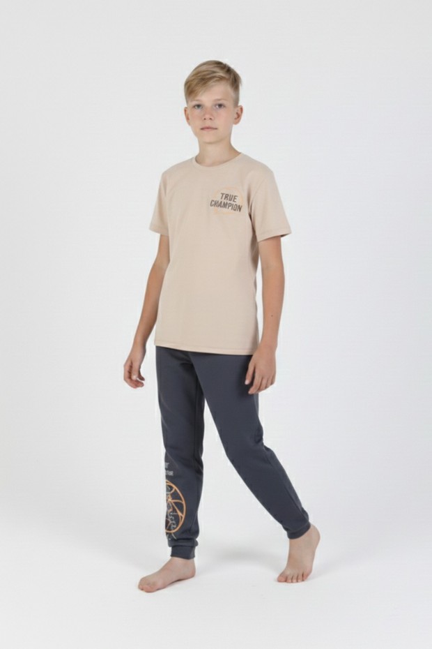 Garson Erkek Çocuk Arkası Baskılı %100 Pamuk Reaktif Boyama Süprem Kısa Kollu Pijama Takımı