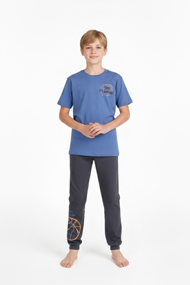 Garson Erkek Çocuk Arkası Baskılı %100 Pamuk Reaktif Boyama Süprem Kısa Kollu Pijama Takımı