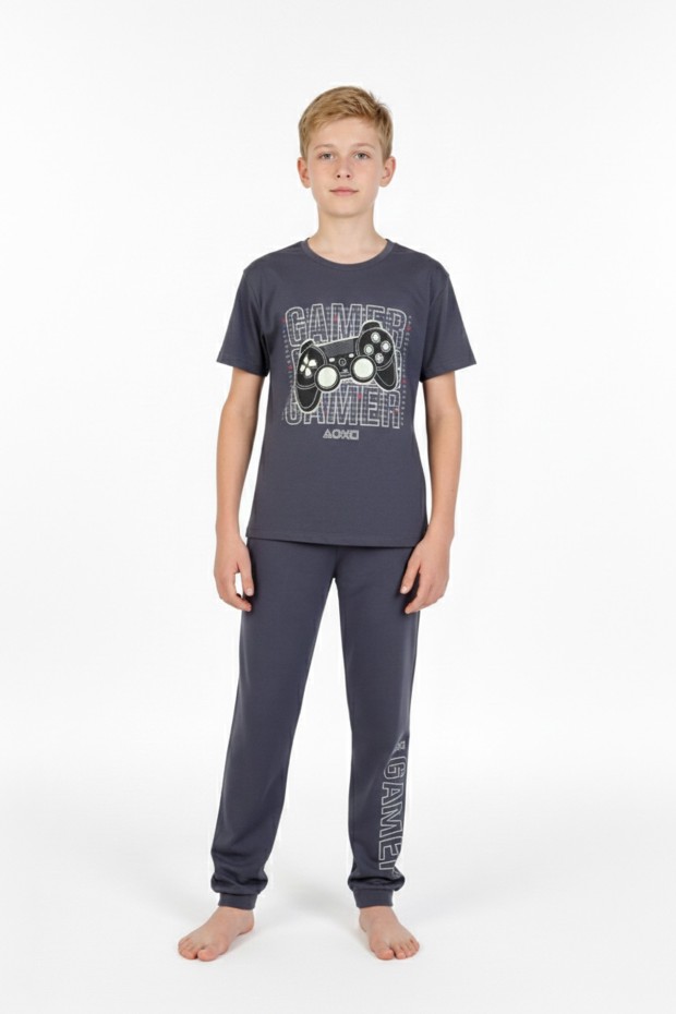 Garson Erkek Çocuk Oyun Konsolu Baskılı %100 Pamuk Reaktif Boyama Süprem Kısa Kollu Pijama Takımı