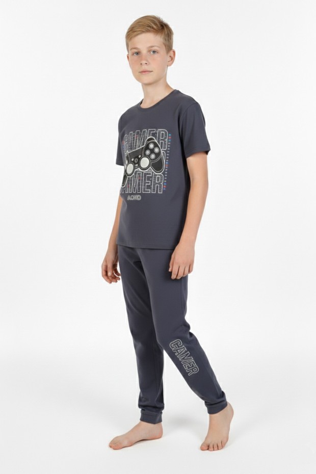 Garson Erkek Çocuk Oyun Konsolu Baskılı %100 Pamuk Reaktif Boyama Süprem Kısa Kollu Pijama Takımı