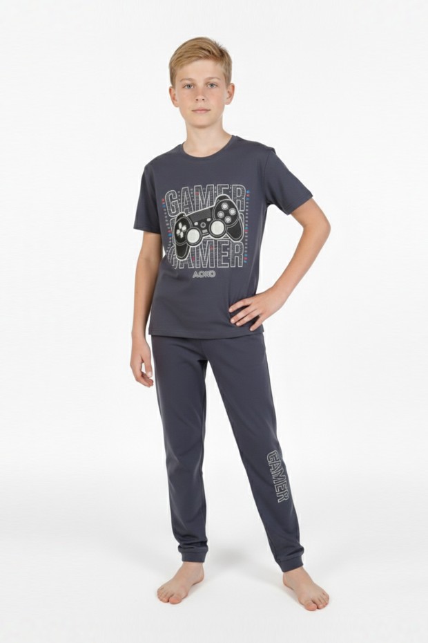 Garson Erkek Çocuk Oyun Konsolu Baskılı %100 Pamuk Reaktif Boyama Süprem Kısa Kollu Pijama Takımı