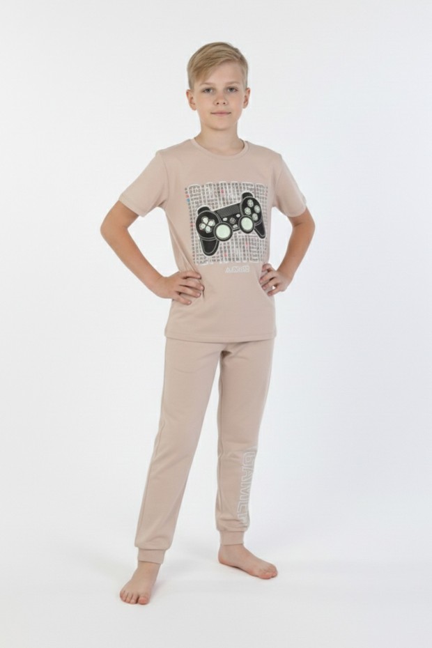 Garson Erkek Çocuk Oyun Konsolu Baskılı %100 Pamuk Reaktif Boyama Süprem Kısa Kollu Pijama Takımı