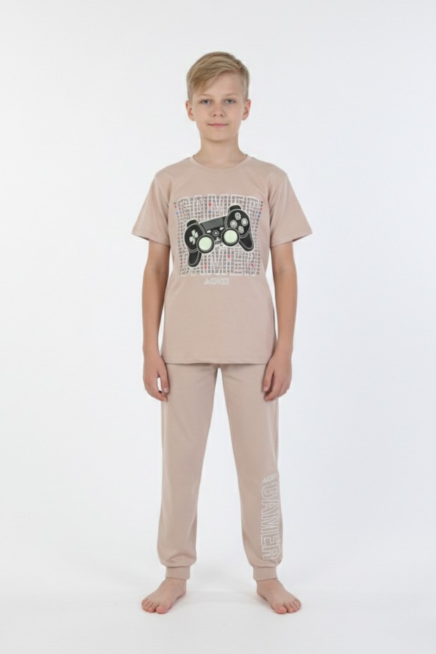 Garson Erkek Çocuk Oyun Konsolu Baskılı %100 Pamuk Reaktif Boyama Süprem Kısa Kollu Pijama Takımı