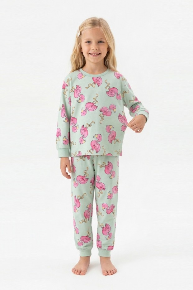 Kız Çocuk Desenli %100 Pamuk Reaktif Boyalı Süprem Kumaş Uzun Kollu Pijama Takımı