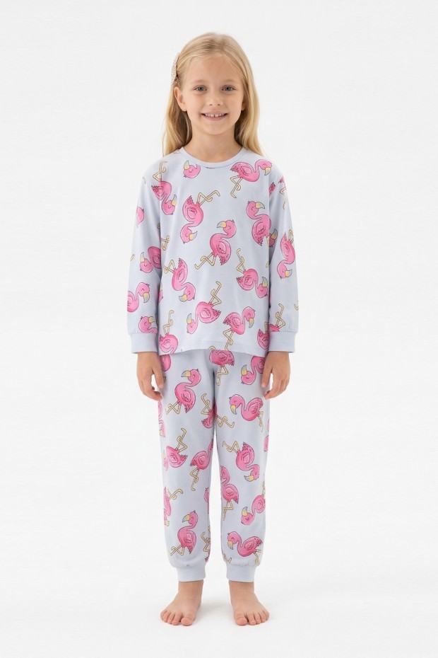 Kız Çocuk Desenli %100 Pamuk Reaktif Boyalı Süprem Kumaş Uzun Kollu Pijama Takımı