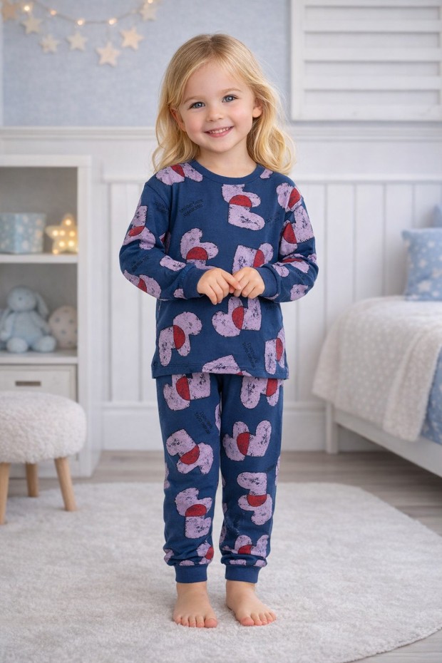 Kız Çocuk Baskılı %100 Pamuk Reaktif Boyalı Süprem Kumaş Uzun Kollu Pijama Takımı