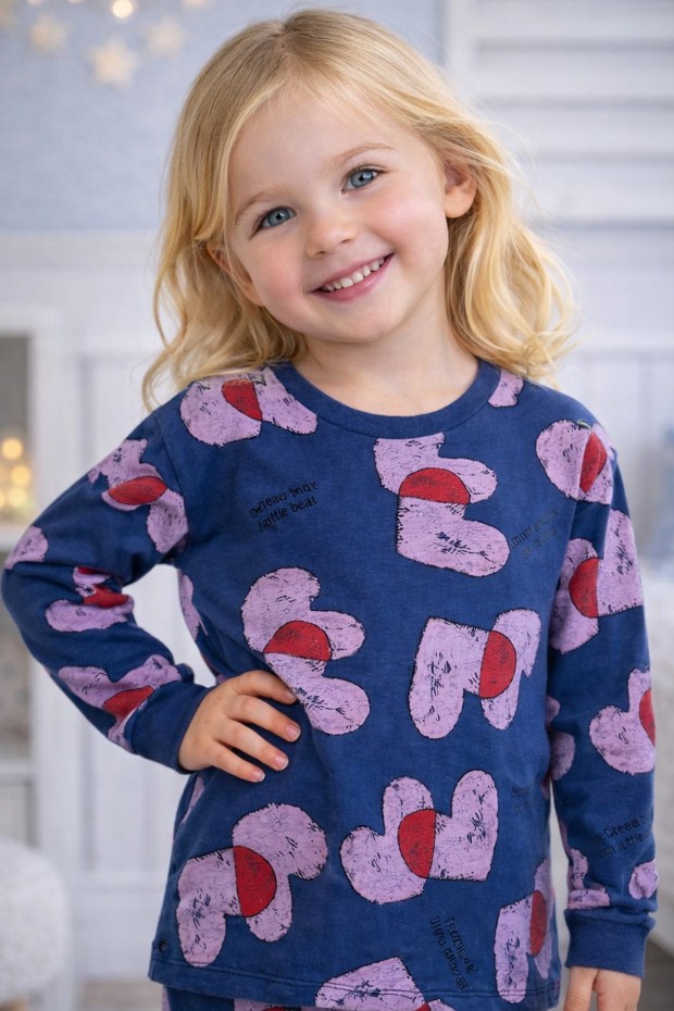 Kız Çocuk Baskılı %100 Pamuk Reaktif Boyalı Süprem Kumaş Uzun Kollu Pijama Takımı