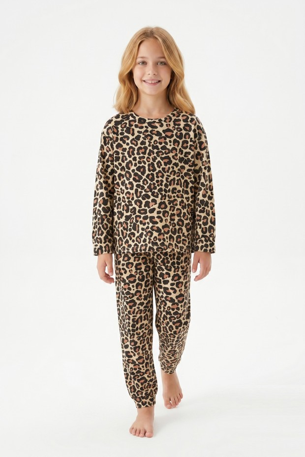 Kız Çocuk Leopar Desenli %100 Pamuk Reaktif Boyalı Süprem Kumaş Uzun Kollu Pijama Takımı