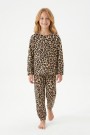 Kız Çocuk Leopar Desenli %100 Pamuk Reaktif Boyalı Süprem Kumaş Uzun Kollu Pijama Takımı