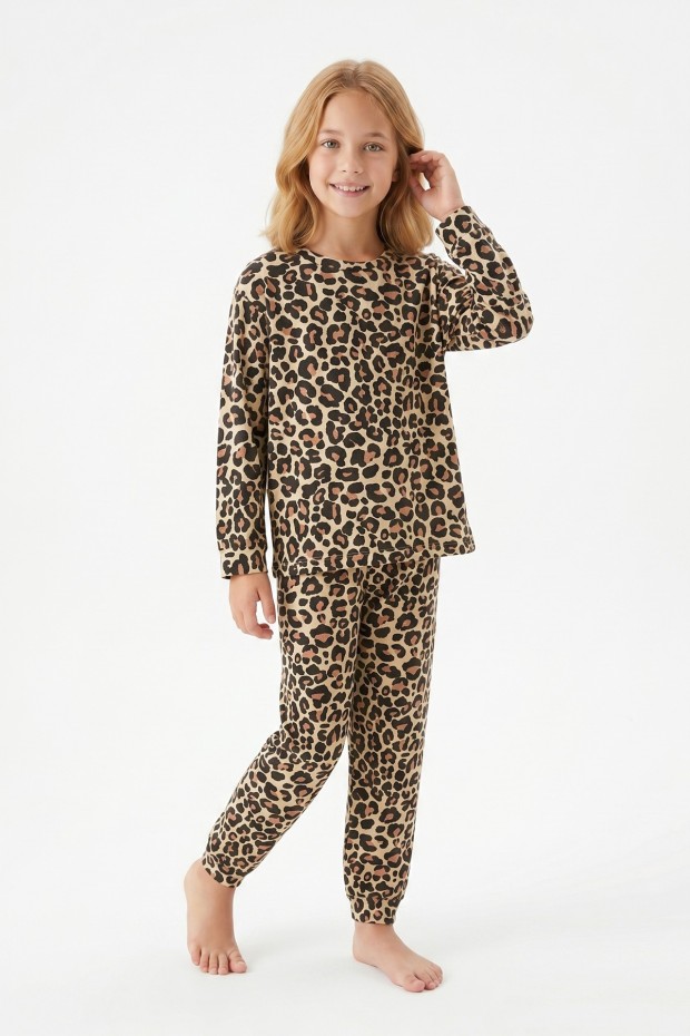 Kız Çocuk Leopar Desenli %100 Pamuk Reaktif Boyalı Süprem Kumaş Uzun Kollu Pijama Takımı