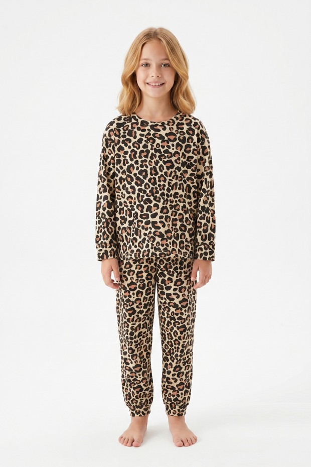 Kız Çocuk Leopar Desenli %100 Pamuk Reaktif Boyalı Süprem Kumaş Uzun Kollu Pijama Takımı