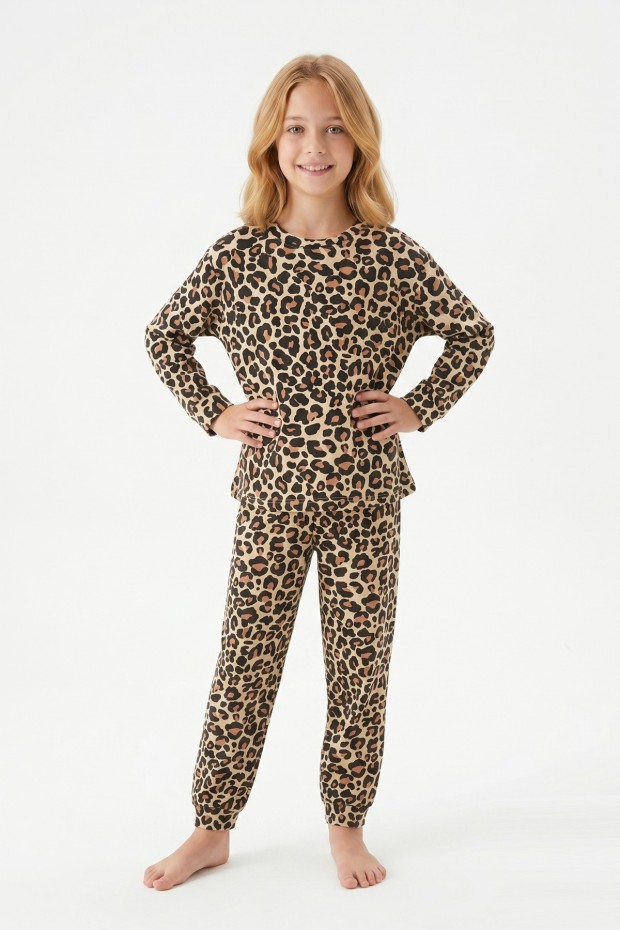 Kız Çocuk Leopar Desenli %100 Pamuk Reaktif Boyalı Süprem Kumaş Uzun Kollu Pijama Takımı
