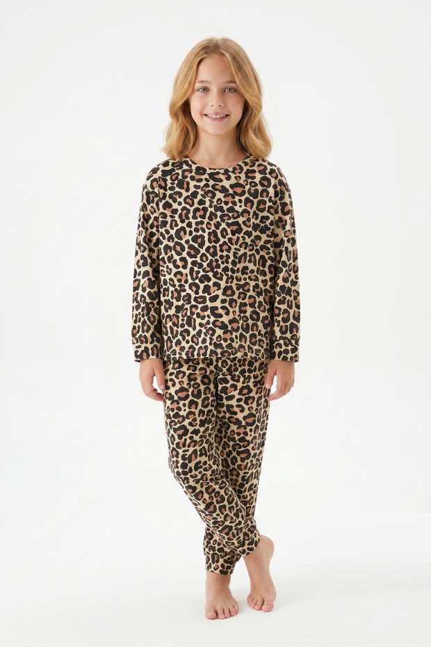 Kız Çocuk Leopar Desenli %100 Pamuk Reaktif Boyalı Süprem Kumaş Uzun Kollu Pijama Takımı