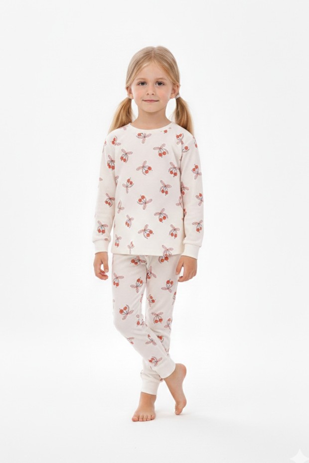 Kız Çocuk Kiraz Desenli %100 Pamuk Reaktif Boyalı Süprem Kumaş Uzun Kollu Pijama Takımı 