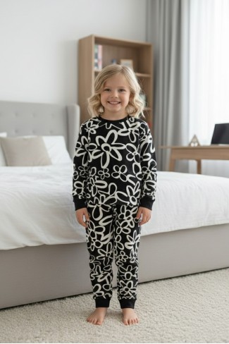 Kız Çocuk Büyük Çiçek Desenli %100 Pamuk Reaktif Boyalı Süprem Kumaş Uzun Kollu Pijama Takımı  