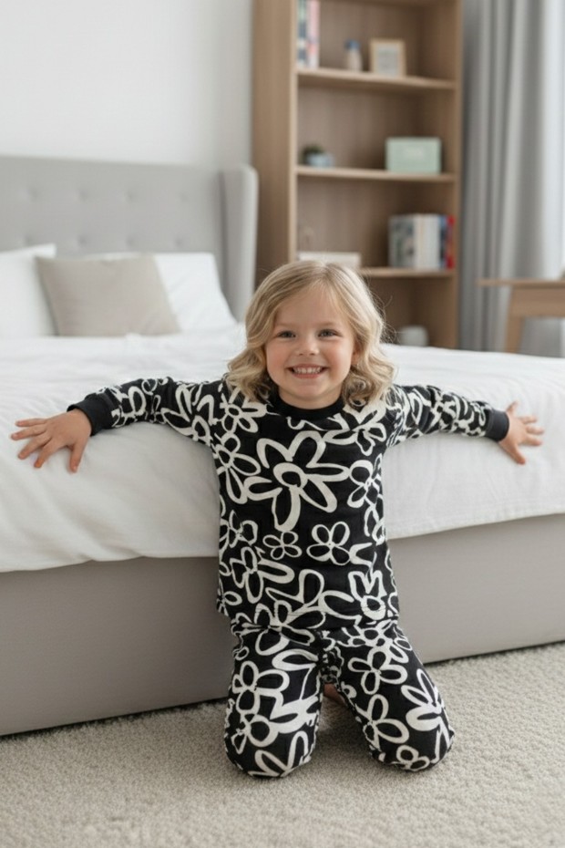 Kız Çocuk Büyük Çiçek Desenli %100 Pamuk Reaktif Boyalı Süprem Kumaş Uzun Kollu Pijama Takımı  