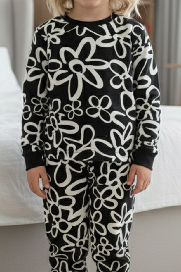 Kız Çocuk Büyük Çiçek Desenli %100 Pamuk Reaktif Boyalı Süprem Kumaş Uzun Kollu Pijama Takımı  