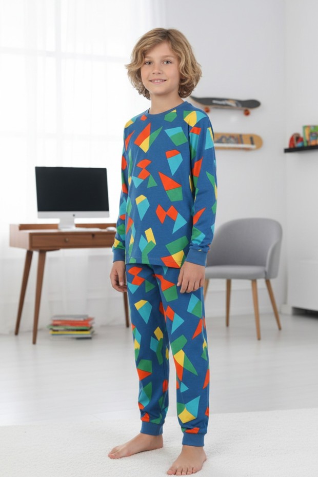 Garson Erkek Çocuk Dinozor Desenli %100 Pamuk Reaktif Boyalı İnterlok Kumaş Uzun Kollu Pijama Takımı