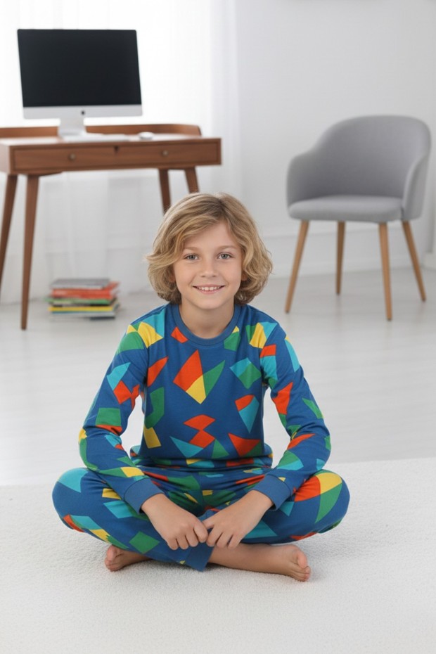 Garson Erkek Çocuk Dinozor Desenli %100 Pamuk Reaktif Boyalı İnterlok Kumaş Uzun Kollu Pijama Takımı