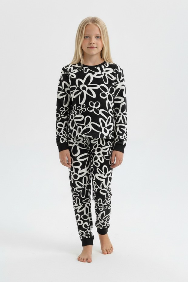 Kız Çocuk Büyük Çiçek Desenli %100 Pamuk Reaktif Boyalı Süprem Kumaş Uzun Kollu Pijama Takımı  