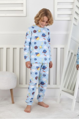 %100 Pamuk Reaktif Boyalı İnterlok Kumaş Erkek Garson Çocuk Pijama Takımı