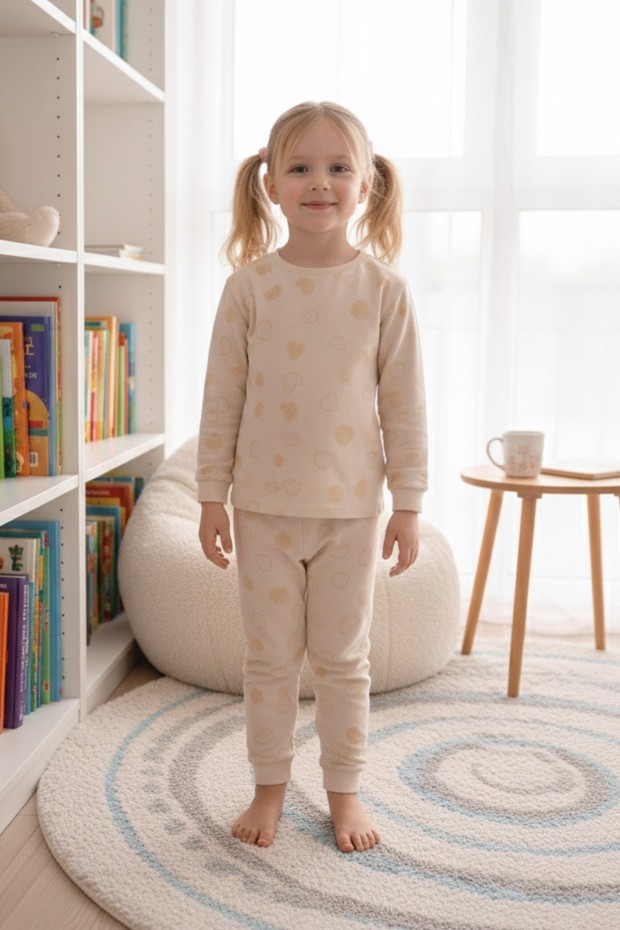 Kız Çocuk Desenli %100 Pamuk Reaktif Boyalı Süprem Kumaş Uzun Kollu Pijama Takımı