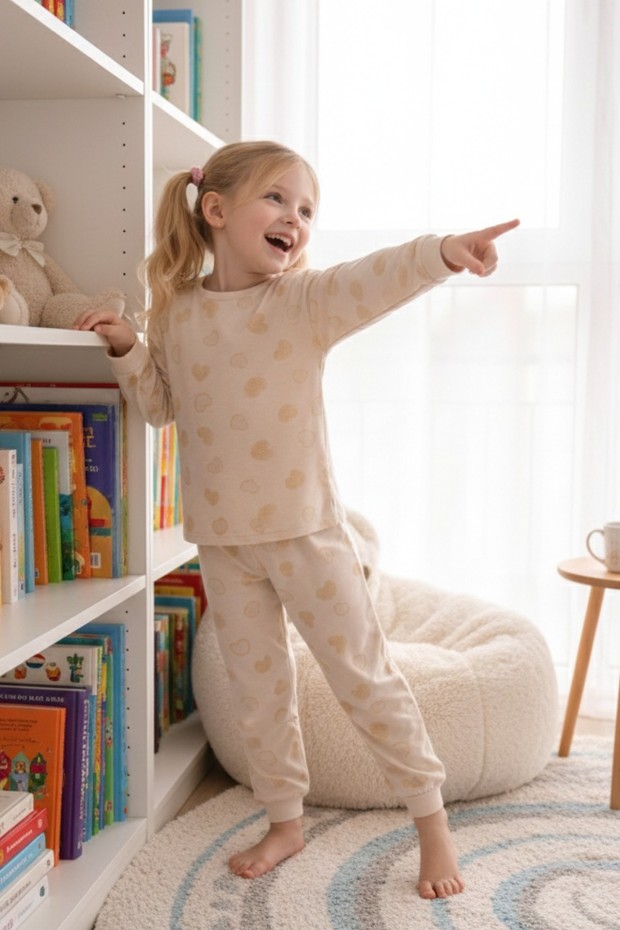 Kız Çocuk Desenli %100 Pamuk Reaktif Boyalı Süprem Kumaş Uzun Kollu Pijama Takımı