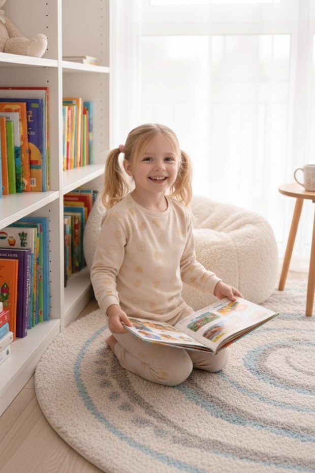 Kız Çocuk Desenli %100 Pamuk Reaktif Boyalı Süprem Kumaş Uzun Kollu Pijama Takımı