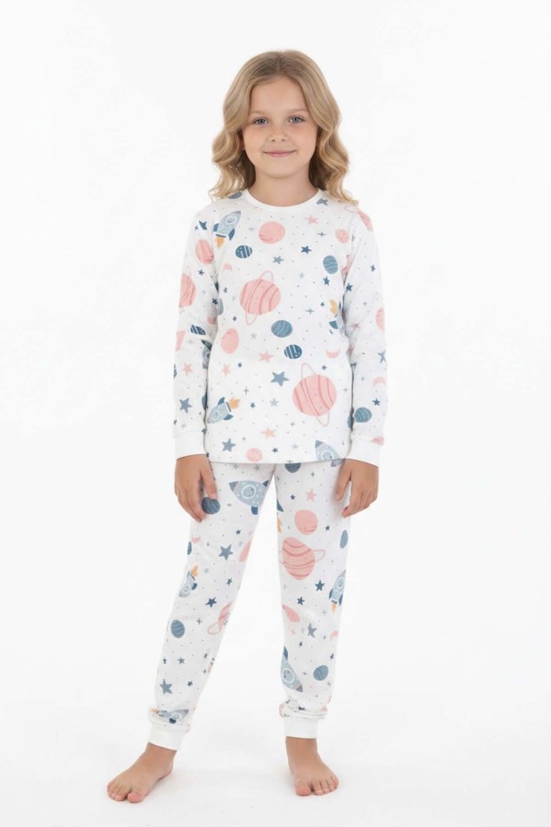 Kız Çocuk Desenli %100 Pamuk Reaktif Boyalı Süprem Kumaş Uzun Kollu Pijama Takımı