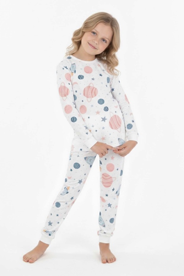 Kız Çocuk Desenli %100 Pamuk Reaktif Boyalı Süprem Kumaş Uzun Kollu Pijama Takımı