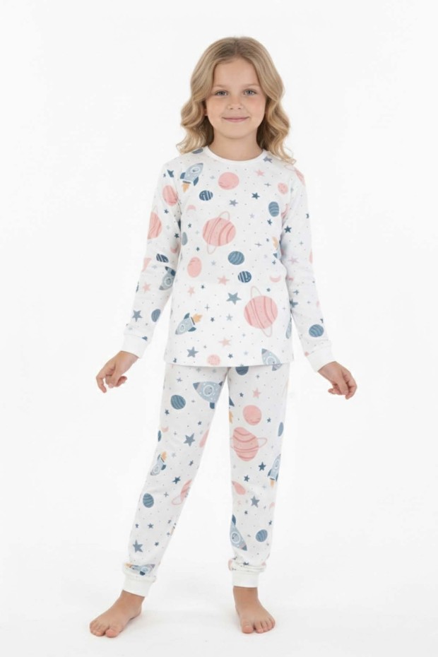 Kız Çocuk Desenli %100 Pamuk Reaktif Boyalı Süprem Kumaş Uzun Kollu Pijama Takımı