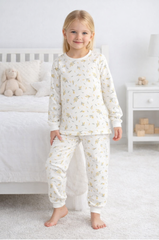 Kız Çocuk Çiçek Desenli %100 Pamuk Reaktif Boyalı Süprem Kumaş Uzun Kollu Pijama Takımı