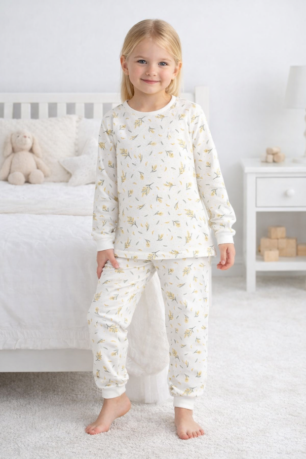 Kız Çocuk Çiçek Desenli %100 Pamuk Reaktif Boyalı Süprem Kumaş Uzun Kollu Pijama Takımı
